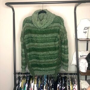 𝅺kensie Oversized Striped Green Boho Fringe Sweater